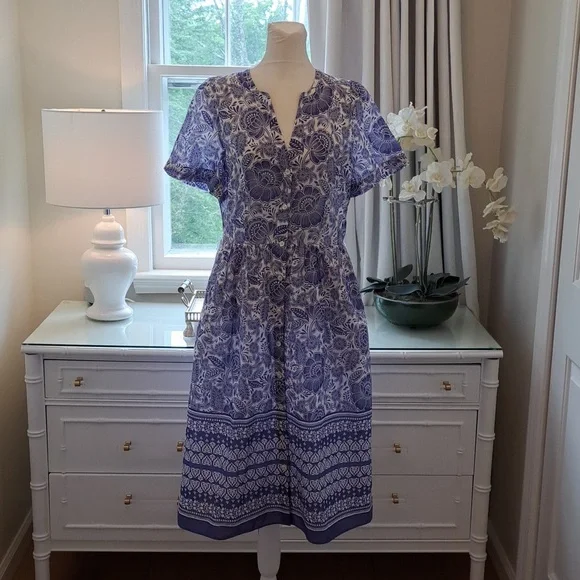 Talbots | Dresses | Talbots Womens Bluewhite Floral Print Cotton Midi Shirt  Dress Lined S4p | Poshmark